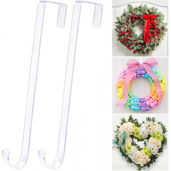 12" Clear Wreath-Hanger Non Scratch Over The Door Hooks,2 Pack Easter Halloween Christmas Decoration Welcome Sign for Front Doors Décor Inside Outside,Slim Hangers Organizer for Home