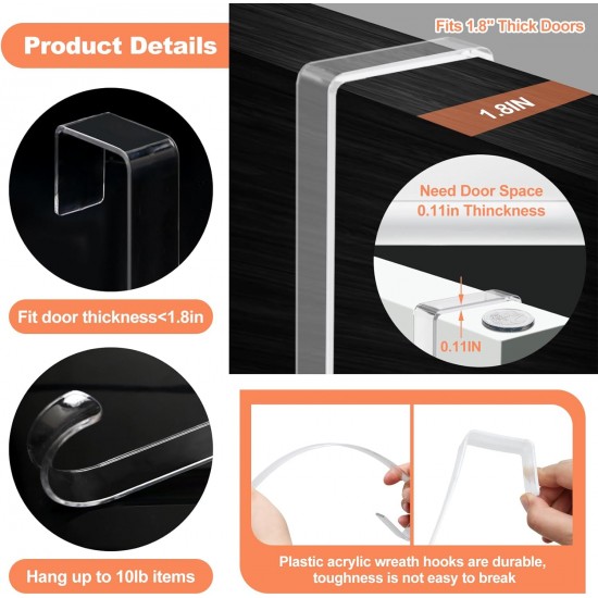 12" Clear Wreath-Hanger Non Scratch Over The Door Hooks,2 Pack Easter Halloween Christmas Decoration Welcome Sign for Front Doors Décor Inside Outside,Slim Hangers Organizer for Home