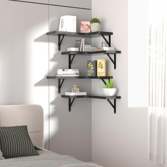 Corner Floating Shelves Wall Mounted Set of 4, Rustic Wood Storage Display Wall Shelves for Home Decor, Bathroom, Kitchen, Bedroom, Living Room, Office