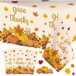 3 Pcs Thanksgiving Tablecloth - Give Thanks Plastic Table Cloth Disposable Rectangular Fall Pumpkin Maple Leaves Table Cover for Thanksgiving Day Party Decorations Tables Decor Supplies