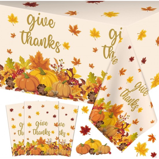 3 Pcs Thanksgiving Tablecloth - Give Thanks Plastic Table Cloth Disposable Rectangular Fall Pumpkin Maple Leaves Table Cover for Thanksgiving Day Party Decorations Tables Decor Supplies