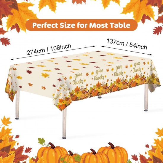 3 Pcs Thanksgiving Tablecloth - Give Thanks Plastic Table Cloth Disposable Rectangular Fall Pumpkin Maple Leaves Table Cover for Thanksgiving Day Party Decorations Tables Decor Supplies