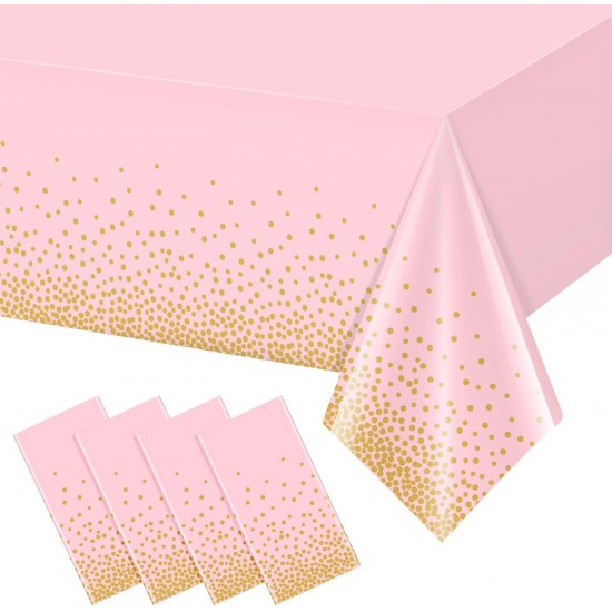 4 Pack Pink and Gold Plastic Tablecloth for Parties, Pink Disposable Table Cloth for Rectangle Tables, Gold Dot Confetti Light Pink Tablecloth for Birthday Wedding Baby Shower Party