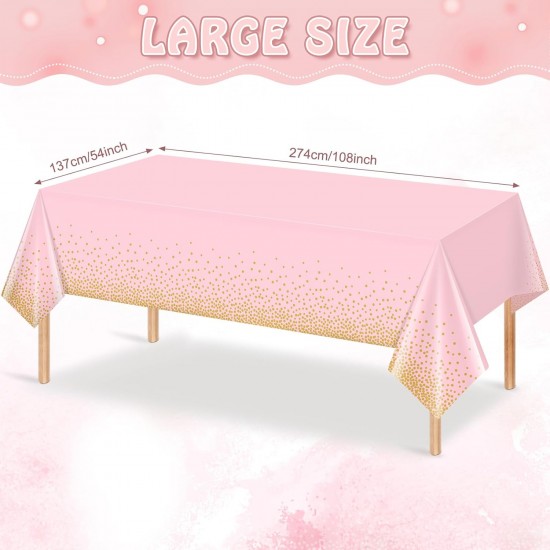 4 Pack Pink and Gold Plastic Tablecloth for Parties, Pink Disposable Table Cloth for Rectangle Tables, Gold Dot Confetti Light Pink Tablecloth for Birthday Wedding Baby Shower Party