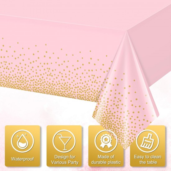 4 Pack Pink and Gold Plastic Tablecloth for Parties, Pink Disposable Table Cloth for Rectangle Tables, Gold Dot Confetti Light Pink Tablecloth for Birthday Wedding Baby Shower Party