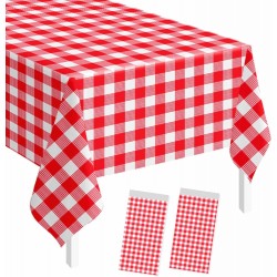 2 Pack Red Gingham Tablecloth Rectangle 54 x 108 Red and White Checkered Table Cloth Disposable Plaid Table Cover Plastic for Birthday Baby Shower Picnic Wedding Party Supplies