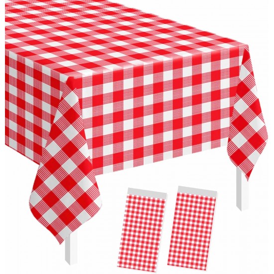 2 Pack Red Gingham Tablecloth Rectangle 54 x 108 Red and White Checkered Table Cloth Disposable Plaid Table Cover Plastic for Birthday Baby Shower Picnic Wedding Party Supplies