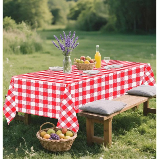 2 Pack Red Gingham Tablecloth Rectangle 54 x 108 Red and White Checkered Table Cloth Disposable Plaid Table Cover Plastic for Birthday Baby Shower Picnic Wedding Party Supplies