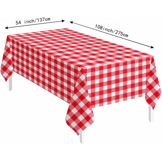 2 Pack Red Gingham Tablecloth Rectangle 54 x 108 Red and White Checkered Table Cloth Disposable Plaid Table Cover Plastic for Birthday Baby Shower Picnic Wedding Party Supplies