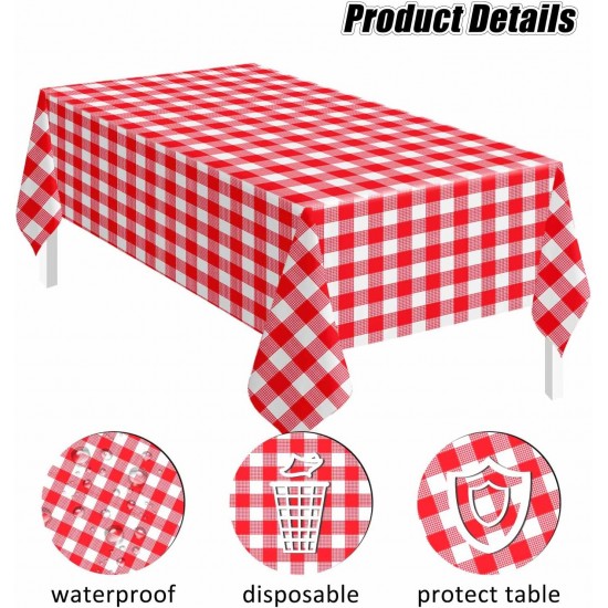 2 Pack Red Gingham Tablecloth Rectangle 54 x 108 Red and White Checkered Table Cloth Disposable Plaid Table Cover Plastic for Birthday Baby Shower Picnic Wedding Party Supplies