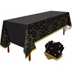 50th Birthday Disposable Tablecloth 4 Pack Gold and Black Waterproof Plastic Table Cover for Men Woman 50 Birthday Party Decorations