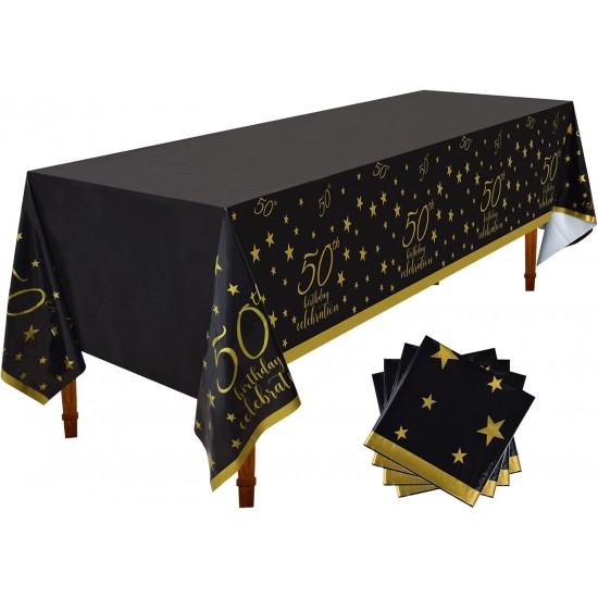 50th Birthday Disposable Tablecloth 4 Pack Gold and Black Waterproof Plastic Table Cover for Men Woman 50 Birthday Party Decorations