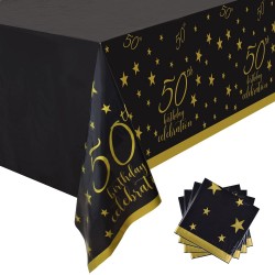 50th Birthday Disposable Tablecloth 4 Pack Gold and Black Waterproof Plastic Table Cover for Men Woman 50 Birthday Party Decorations