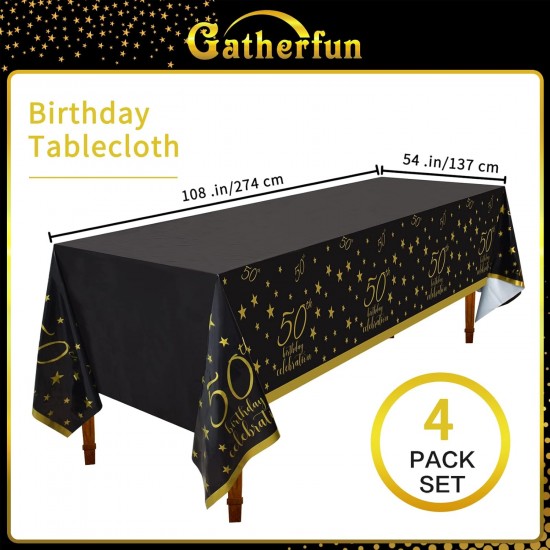 50th Birthday Disposable Tablecloth 4 Pack Gold and Black Waterproof Plastic Table Cover for Men Woman 50 Birthday Party Decorations