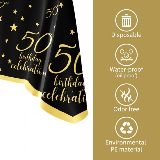 50th Birthday Disposable Tablecloth 4 Pack Gold and Black Waterproof Plastic Table Cover for Men Woman 50 Birthday Party Decorations