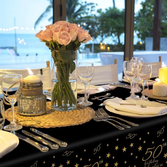 50th Birthday Disposable Tablecloth 4 Pack Gold and Black Waterproof Plastic Table Cover for Men Woman 50 Birthday Party Decorations