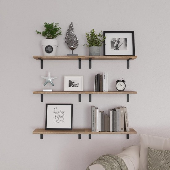 Wood Floating Shelves Set of 6, Shelves for Wall Decor, Farmhouse Shelf for Bedroom, Bathroom Storage Shelves, Book Shelves for Living Room