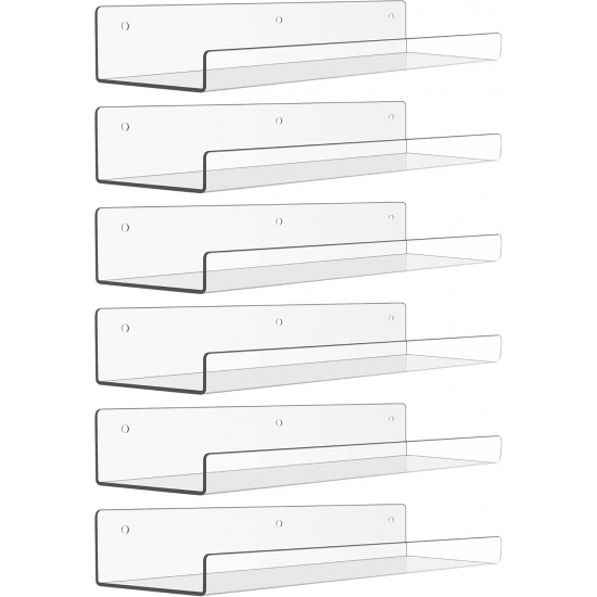 6 Pack Acrylic Shelves for Wall Storage, Floating Bookshelves for Kids, Display Shelf Organizer for Bathroom, Bedroom, Living Room, Kitchen, Room Decor