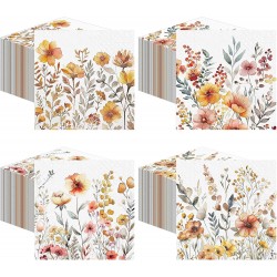 200 Pieces Autumn Floral Cocktail Napkins Disposable Vintage Flower Decoupage Paper Napkins Wildflower Beverage Towel for Summer Fall Party Favor Supplies