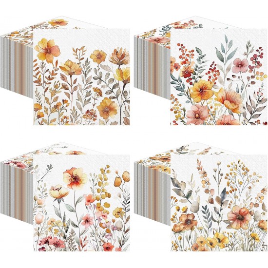 200 Pieces Autumn Floral Cocktail Napkins Disposable Vintage Flower Decoupage Paper Napkins Wildflower Beverage Towel for Summer Fall Party Favor Supplies