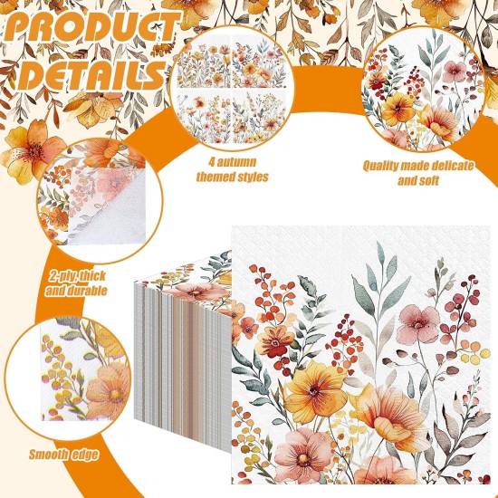 200 Pieces Autumn Floral Cocktail Napkins Disposable Vintage Flower Decoupage Paper Napkins Wildflower Beverage Towel for Summer Fall Party Favor Supplies