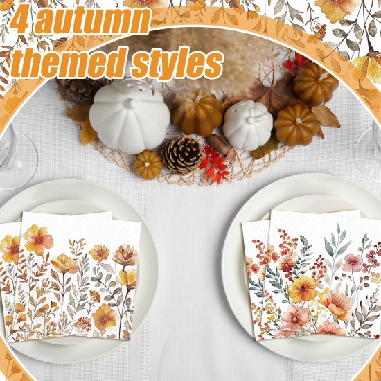 200 Pieces Autumn Floral Cocktail Napkins Disposable Vintage Flower Decoupage Paper Napkins Wildflower Beverage Towel for Summer Fall Party Favor Supplies