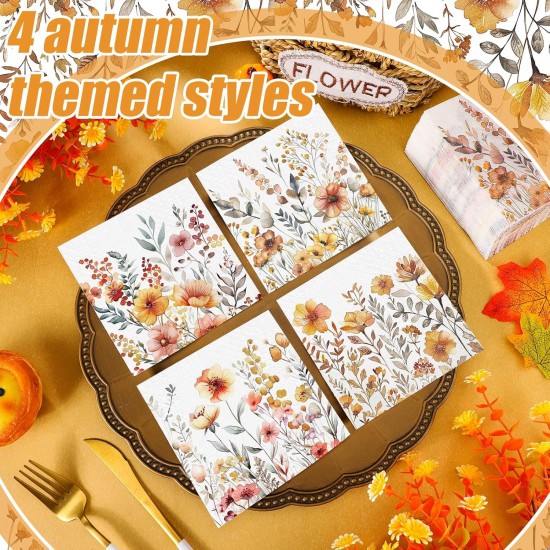200 Pieces Autumn Floral Cocktail Napkins Disposable Vintage Flower Decoupage Paper Napkins Wildflower Beverage Towel for Summer Fall Party Favor Supplies