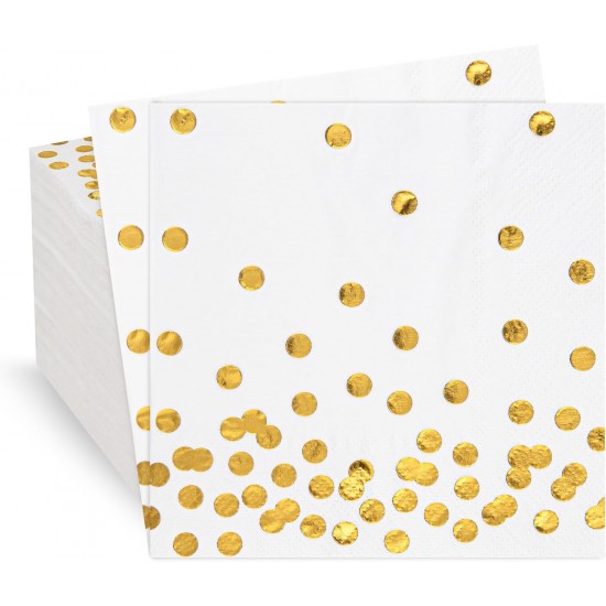 80 Pack of White Paper Cocktail Napkins with Gold Foil Polka Dot Confetti，Polka Dot Party Supplies