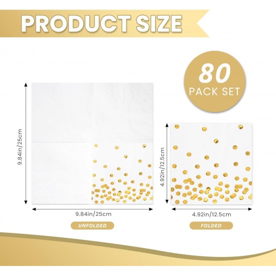 80 Pack of White Paper Cocktail Napkins with Gold Foil Polka Dot Confetti，Polka Dot Party Supplies