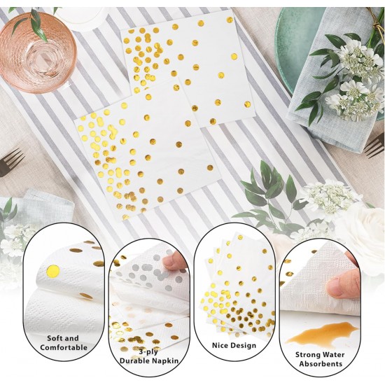 80 Pack of White Paper Cocktail Napkins with Gold Foil Polka Dot Confetti，Polka Dot Party Supplies
