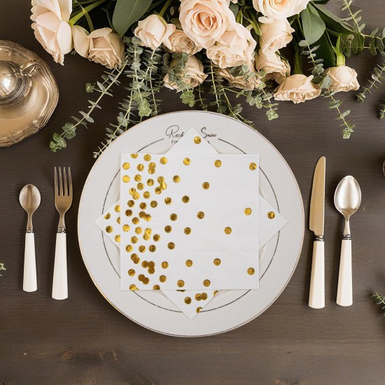 80 Pack of White Paper Cocktail Napkins with Gold Foil Polka Dot Confetti，Polka Dot Party Supplies