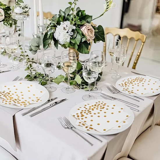 80 Pack of White Paper Cocktail Napkins with Gold Foil Polka Dot Confetti，Polka Dot Party Supplies
